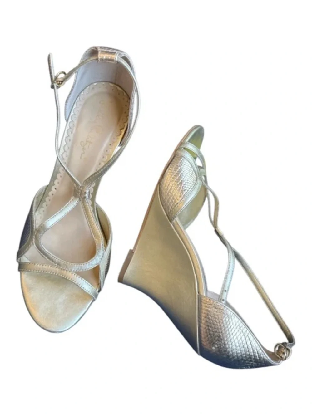 Lilly Pulitzer Janie Wedge Gold Metallic Sandals Shoes Size 6.5